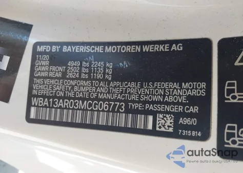 2021 BMW M440I xDrive z USA, uszkodzony, nr VIN WBA13AR03MCG06773